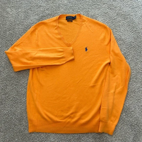 Polo Ralph Lauren V-Neck Sweater Small Orange Pima Cotton Blue Pony Logo - Picture 2 of 7